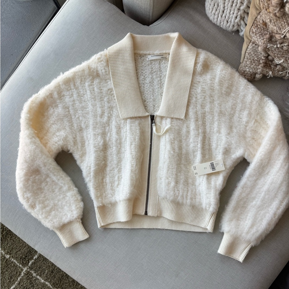 NWT Anthropologie White Zip-Up Sweater